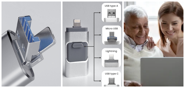 elder man looks happy as his daugther explains to him how to use Phoxfer USB stick